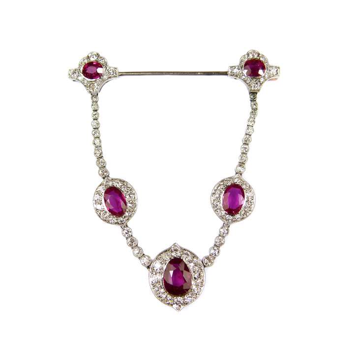 Early 20th century Burma ruby and diamond cluster swag pendant brooch